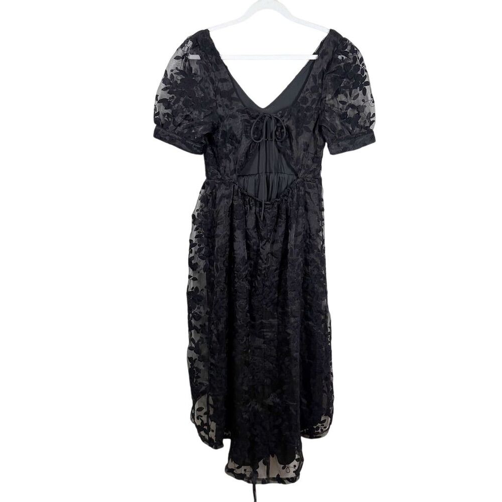 Lulus Be My Date Floral Embroidered High-Low Midi Dress Size L Black Puff Sleeve - Picture 6 of 13
